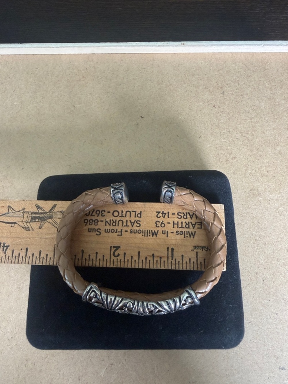 Braided Tan Leather Bracelet with Ornate Real Sterling Silver - Picture 6 of 7
